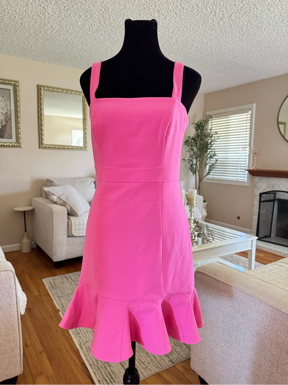 Likely Hot Pink Square-Neck Ruffle-Hem Mini Dress